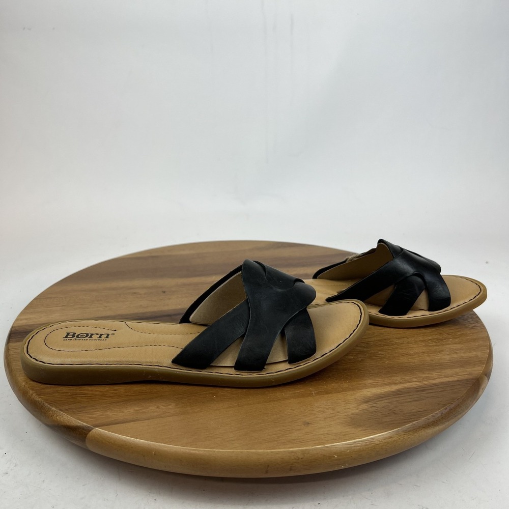 New NWOB Womens Born Isabella Flat Slides Black Leather Sandals Size‎ 10 M